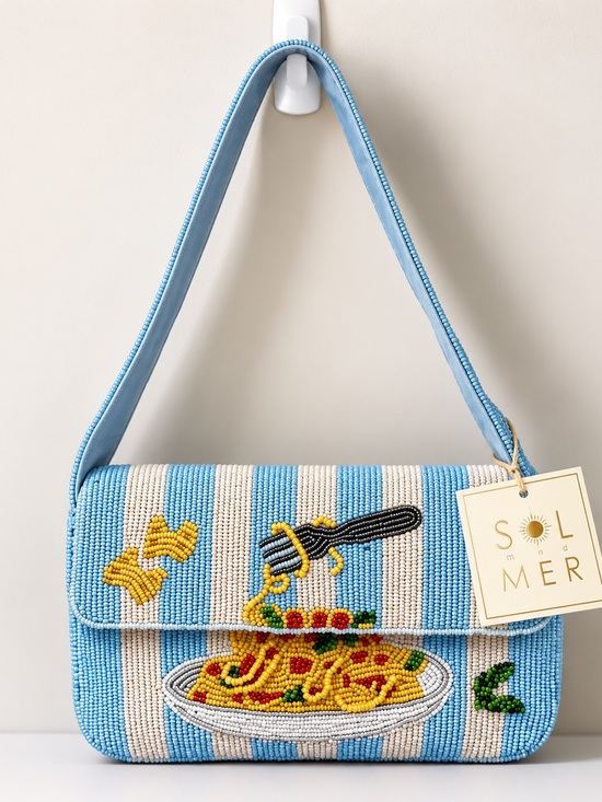 Handbags - Blue Striped Beaded Pasta Shoulder Bag
